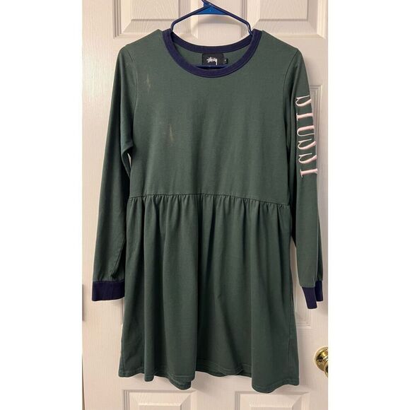 Stussy Long Sleeve Crew Neck Hunter Green Skater Girl Dress Size Small - Picture 1 of 11